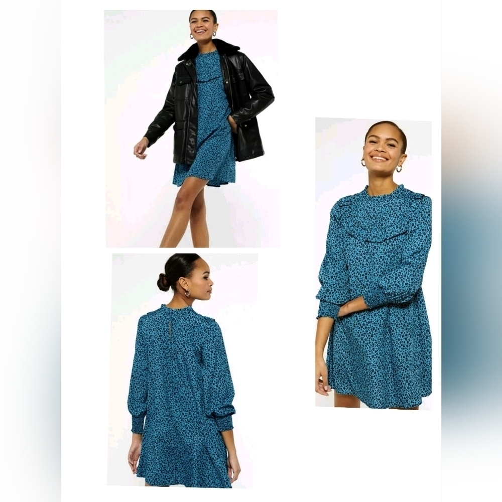 2461) New Look Blue Leopard Print Frill Smock Dress Size 10